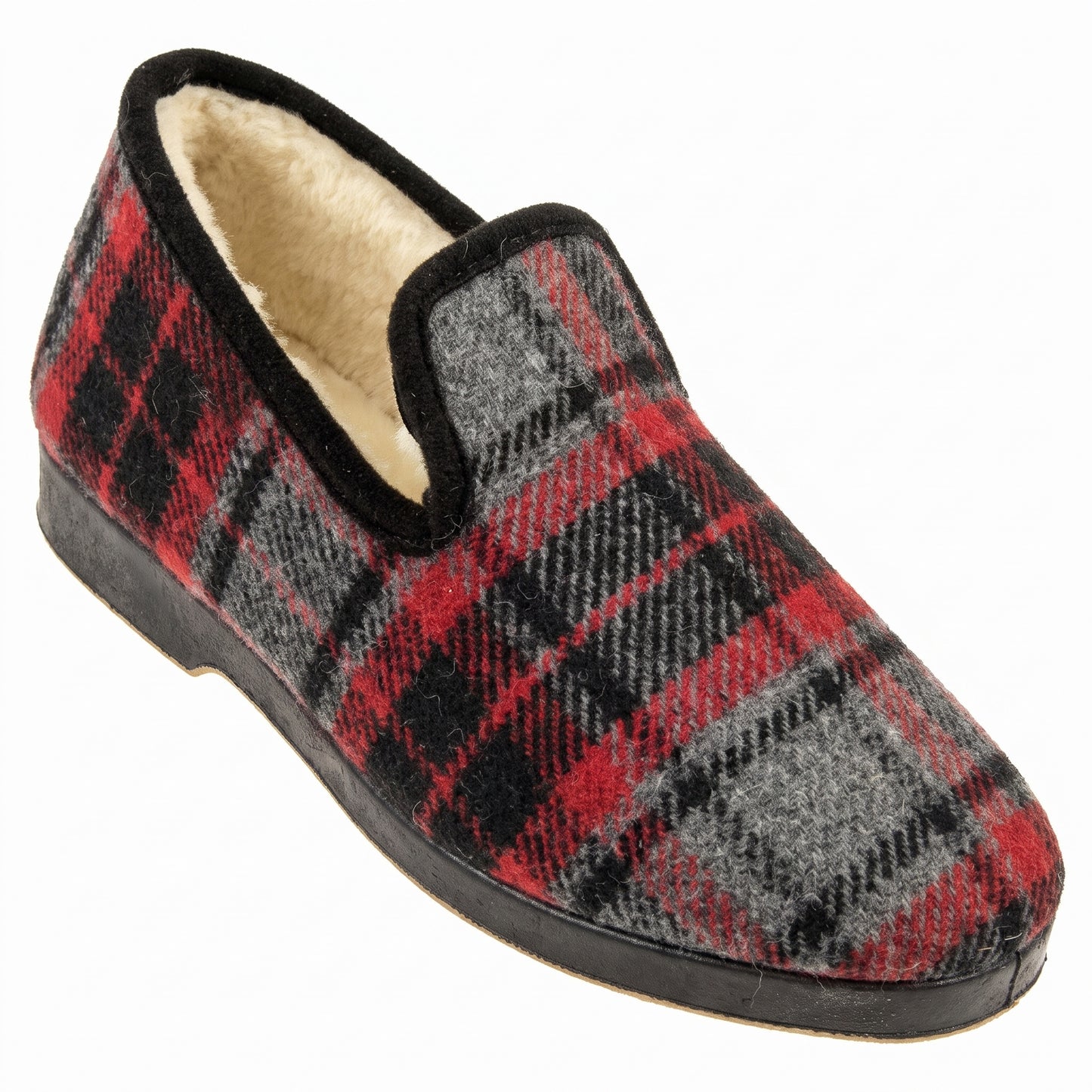 Charentaises McRamoisi tartan rouge fourrées pure laine semelle gomme